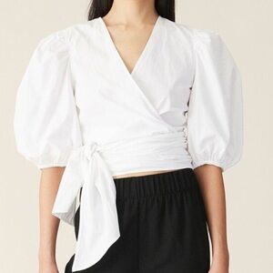 Ganni Womens White V Neck Wrap Top Three Quarter Puff Sleeve Size Small